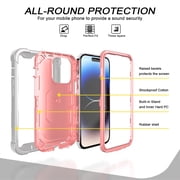 Phone Case for iPhone 14 Pro Max, 3 In 1 Cover with Ring Holder Kickstand Hybrid Shockproof Military Grade Protective Hard PC Soft Silicone Case for iPhone 14 Pro Max for Women Men, Gray/Rosegold