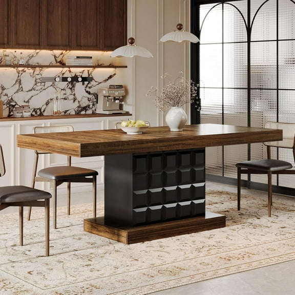 Finmind 63" Dining Table for 4-6, Farmhouse Rectangular Dining Room Table with Geometric Relief, Dining Kitchen Table Wooden Dinner Table for Dining Room, Kitchen, Brown & Black