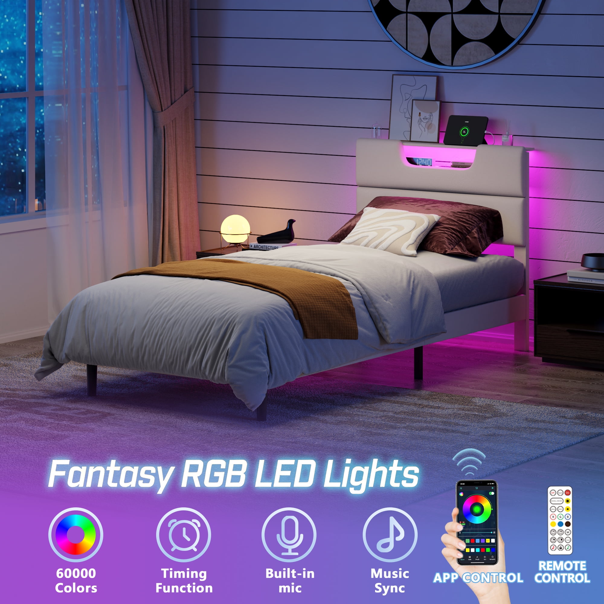 Glozzt Beige Fine Linen Fabric Bed Frame with Upholstered Headboard & Charge Station, Twin Size Bed Frame with LED Lights, No Box Spring Needed