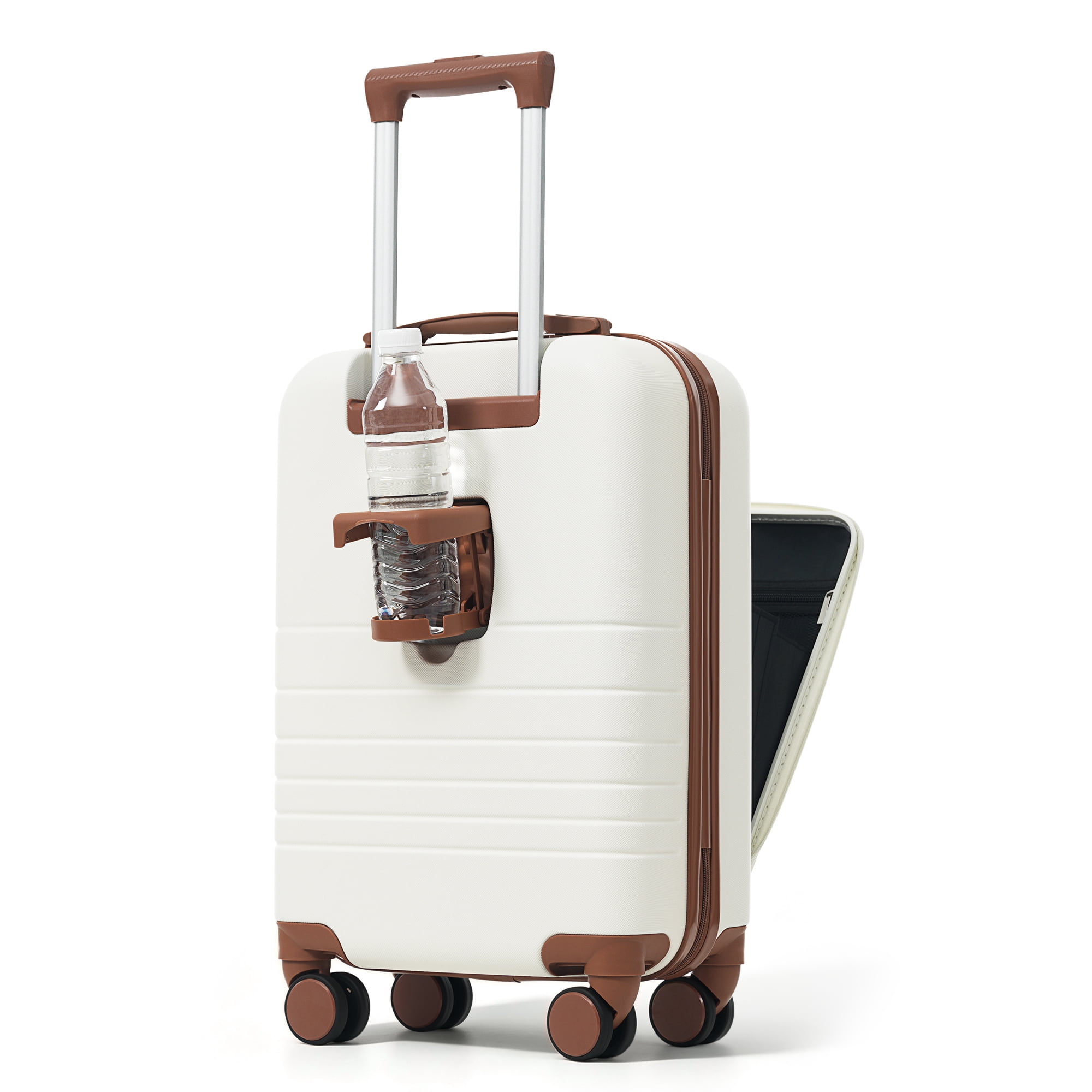 Euroco 2 Piece Luggage Sets Front-Opening, 20" Carry On Luggage with Cup Holder, USB Charging Ports,TSA Lock & Spinner Wheels,ABS Hardshell Lightweight Suitcase Set for Travel,Ivory