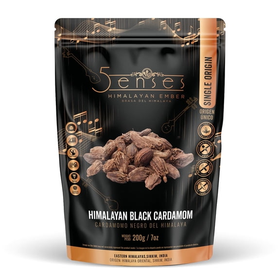 5Senses Himalayan Black Cardamom Pods | CARDAMOMO NEGRO DEL HIMALAYA | Himalayan Ember | Single Origin Sikkim Spices, Non-GMO, Whole Smoked Pods for Biryani, Masala, Chai & Slow Cooking (200g/7oz)
