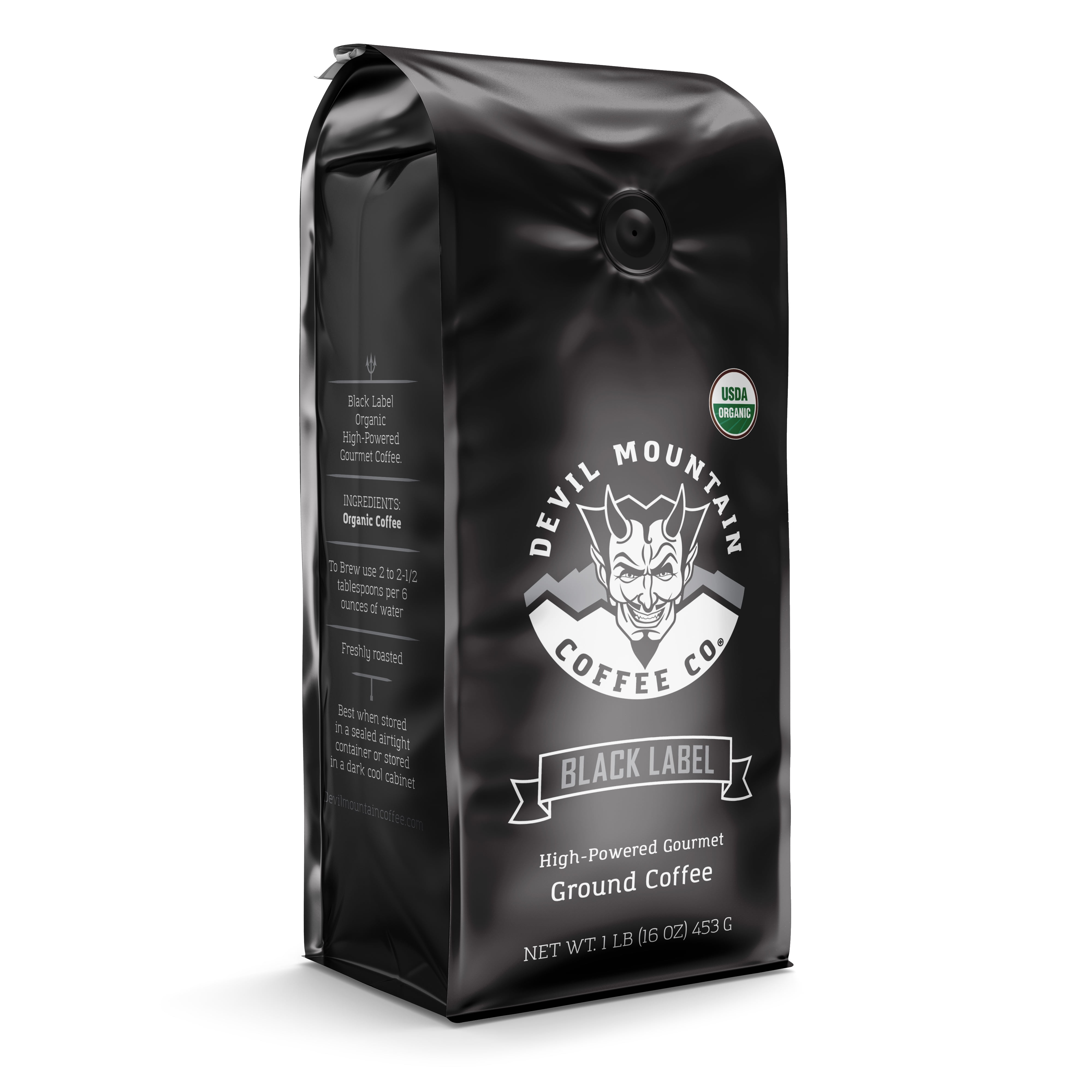 Black Label Devil Mountain, Dark Roast, Strong Ground Coffee, 16 Oz