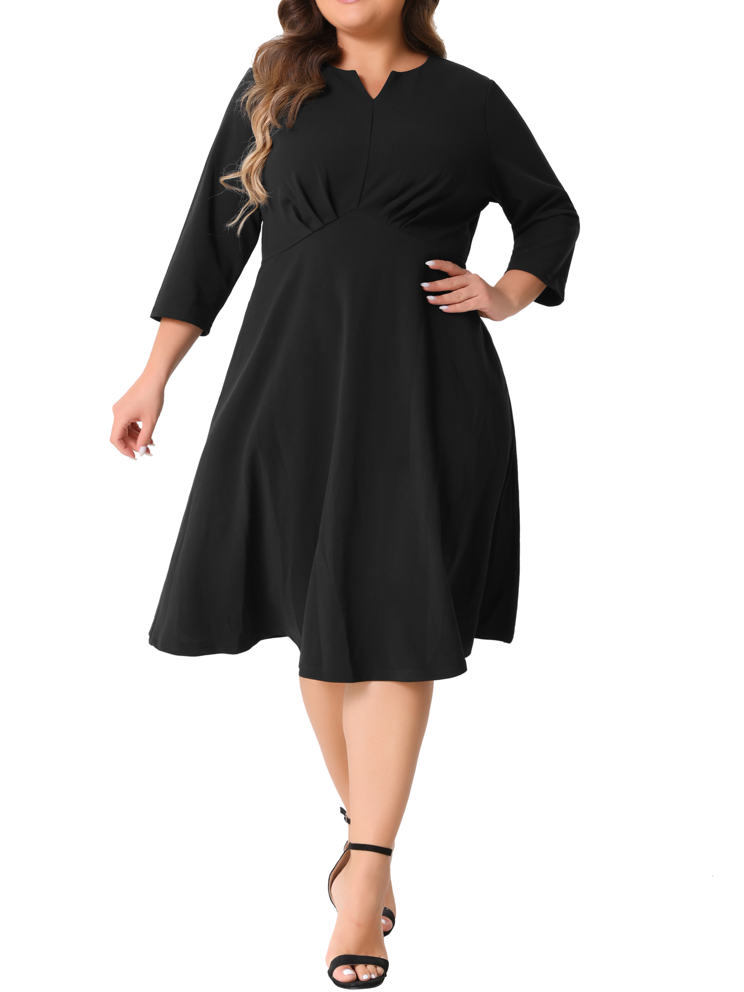 DARING DIVA Plus Size Midi Notched V Neck 3/4 Sleeve A-Line Dress 2X Black