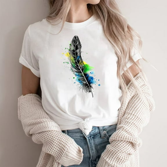 Qepwsc Womens Crew Neck T shirts Short Sleeve Feathers Print Casual Tops Ladies Blouss Sweatshirt Going Out Tops Cute Graphic Solid Blouses Loose Fits Fashion Clothes 2025 Tees S-XXL