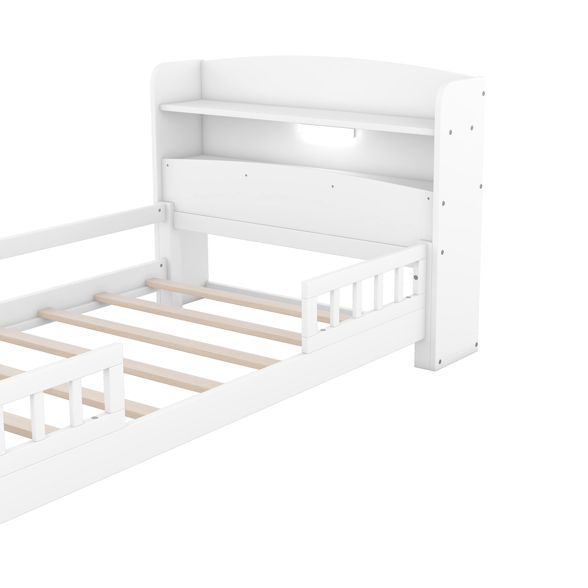 Euroco Wood Twin Size Platform Bed with Storage Headboard and LED Light, White