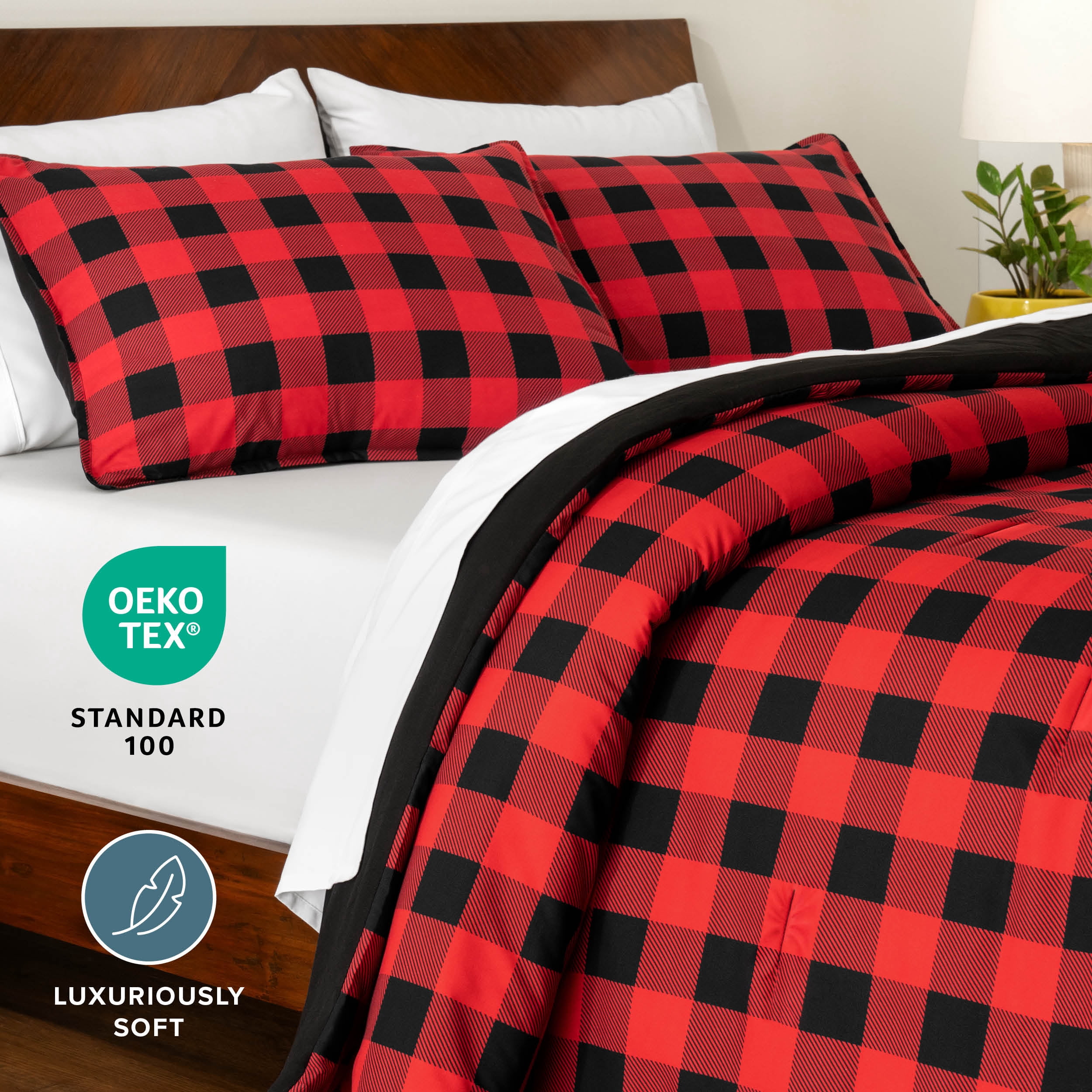 Bare Home Down Alternative Comforter Set - 3-Pieces - All Seasons - Queen, Buffalo Plaid - Red/Black