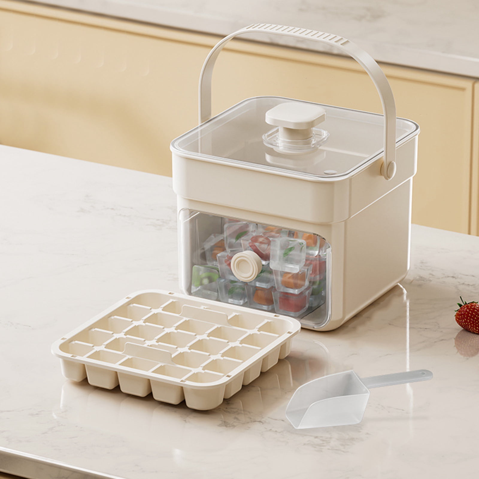 Compact Ice Cube Tray with Lid and Bin, Mini Press-Type Ice Maker for Freezer, Space-Saving Small Ice Bucket with Tongs for RV, Office, Mini Fridge & Water Bottles, BPA-Free