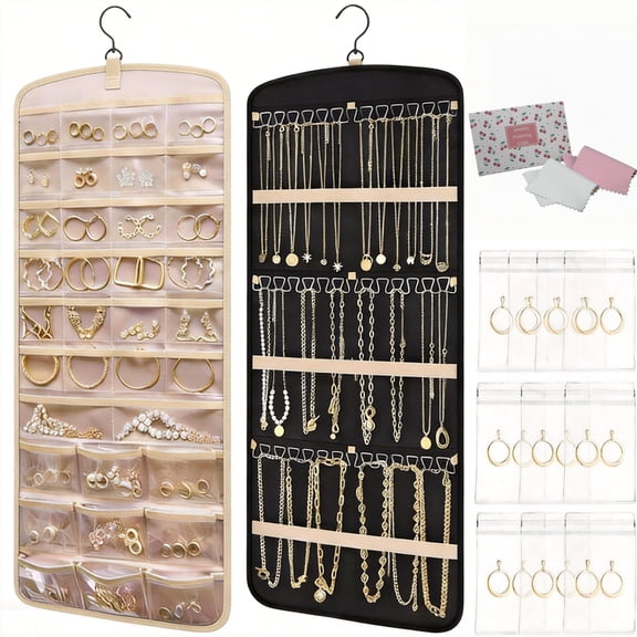 Hanging Jewelry Organizer with 2 Polishing Cloths and 10 Anti-Tarnish Bags, Double-Sided Storage Bag with Metal Hooks, Closet or Wall Mount, Black