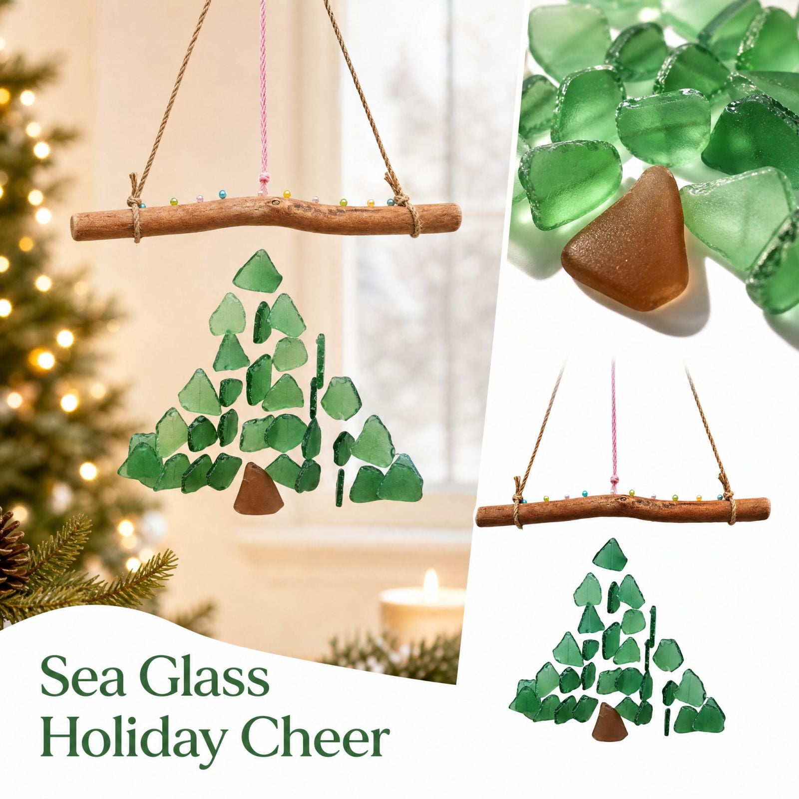 Sea Glass Christmas Tree Wind Chimes Hanging Sea Glass Decor with Wooden Hanger Coastal Boho Outdoor Garden Ornament Handcrafted Indoor Patio Christmas Gift for Women & Beach Lovers