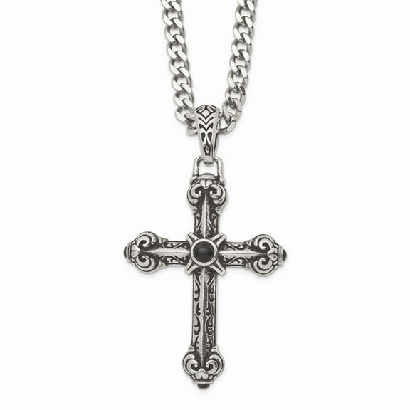 Stainless Steel Antiqued Cross With Synthetic Black Agate 24in Necklace; 24 inch; for Adults and Teens; for Women and Men