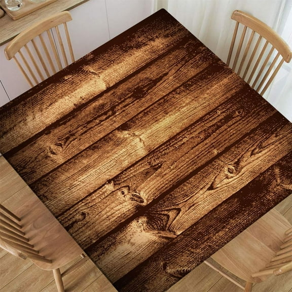 Aged Wooden Planks Texture Vertically Striped Fitted Square Table Covers Elastic Tablecloth Washable Waterproof or Outdoor Patio Party Dining, Fitted for 34"x34" Table Deaign2457