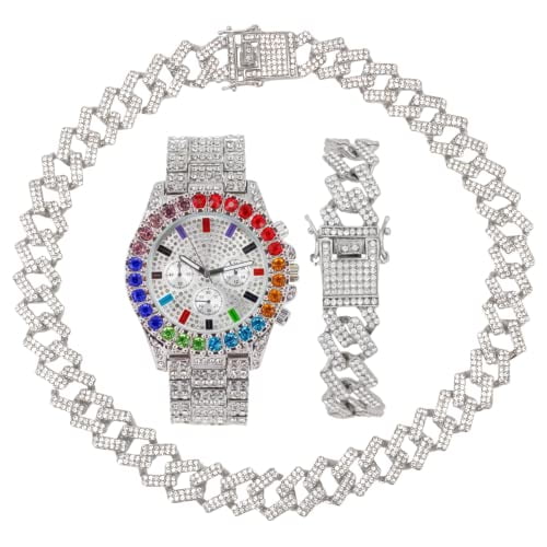 Charles Raymond Iced Out Mens Color on Blast Watch Single or Combo Sets with Blinged Out Bracelets Set. Iced Out Colourful Rainbow Flame Collection (ST10327CO SLV ZZ Set)