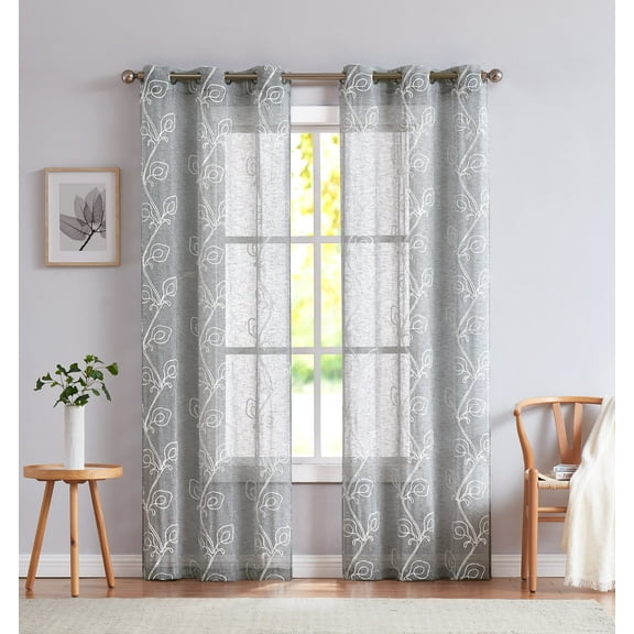 Dainty Home Stella 3D Floral Chenille Embroidered Solid Sheer 76" x 84" Window Curtain Panel Pair in Grey