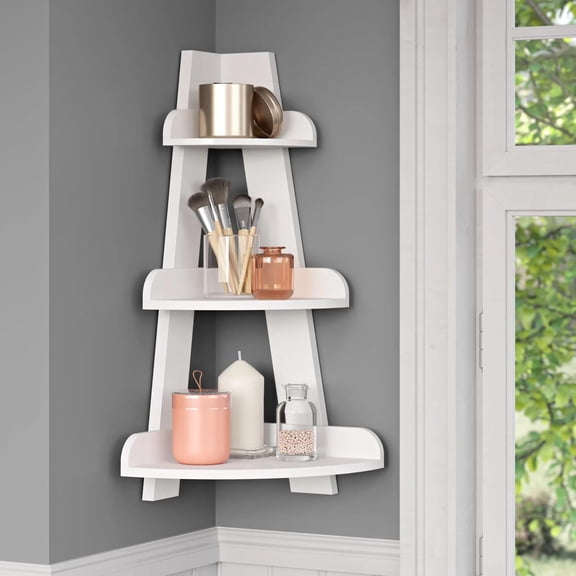 White 3-Tier Corner Wall Shelf for Bathroom, Office Display - Amery