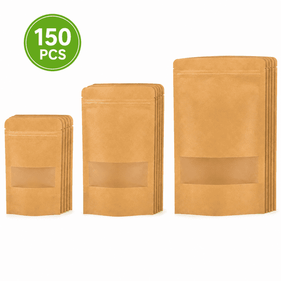 Kabuer Kraft Paper Stand-Up Pouches with Window, 150-Pack, Brown