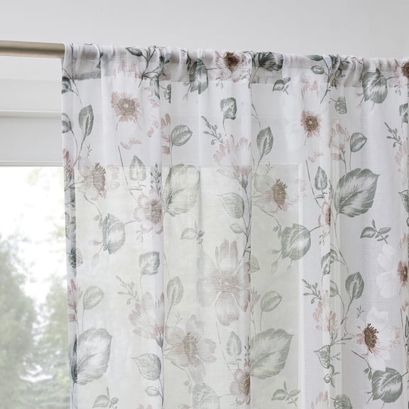 No. 918 Anya Floral Puff Print Sheer Rod Pocket Curtain Panel, 50"W x 84"L, Blush Pink