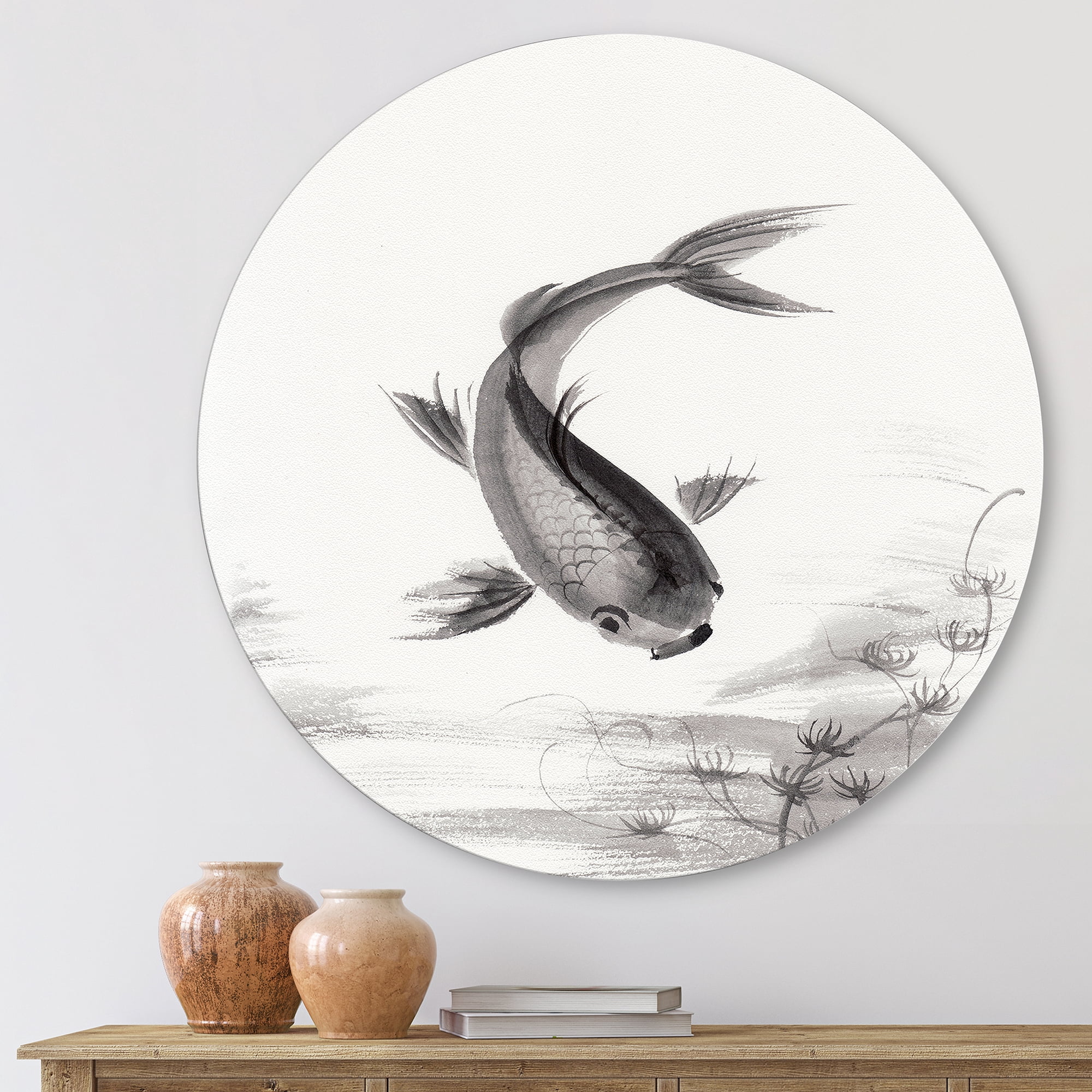 Designart 'Black and White Vintage Fish I' Nautical & Coastal Circle Metal Wall Art 23x23 - Disc of 23