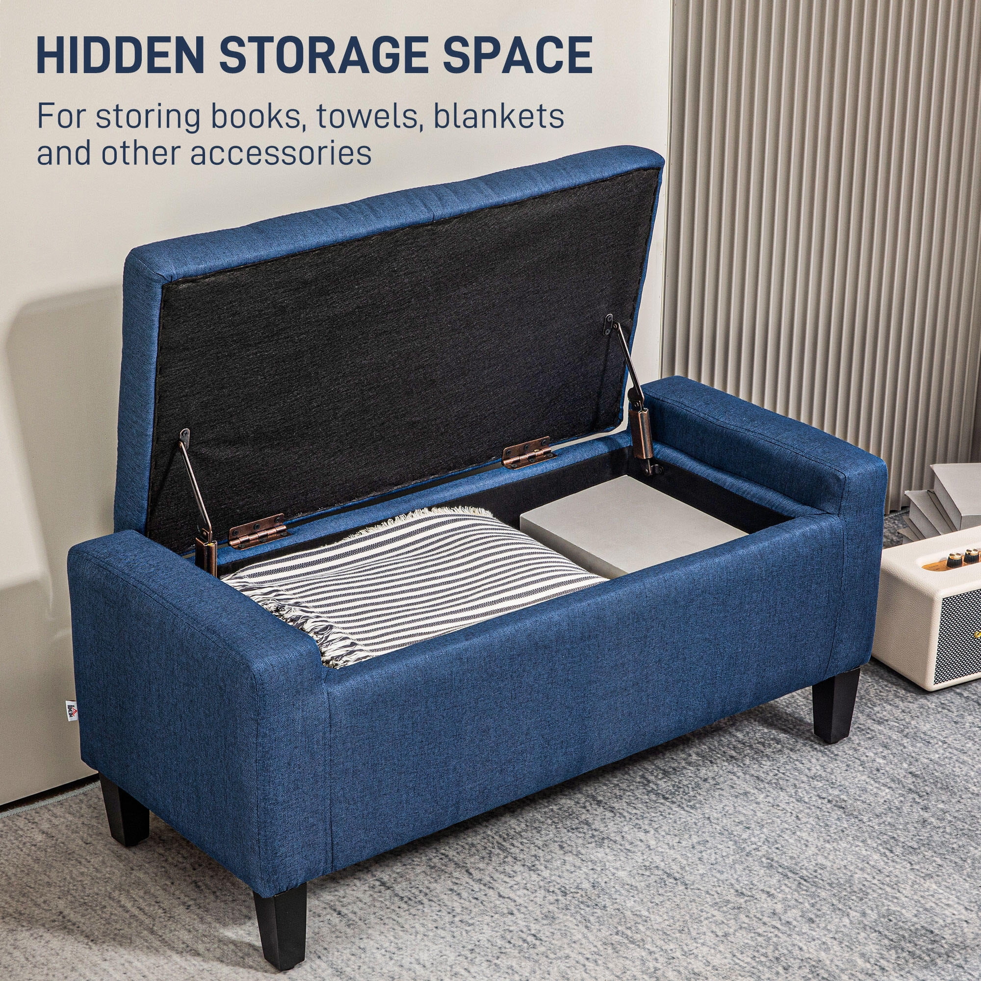 Ottomans With Storage HOMCOM Storage Ottoman, Linen Upholstered Storage Bench with Lift Top and Button Tufted for Living Room, Dark Blue,Living Room Ottomans
