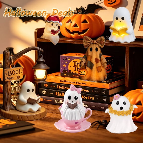 Roiihwy Halloween Cute Ghosts Figurine with Lights, Multicolor, 3.93in, Vintage Halloween Decorations for Home Desktop Table