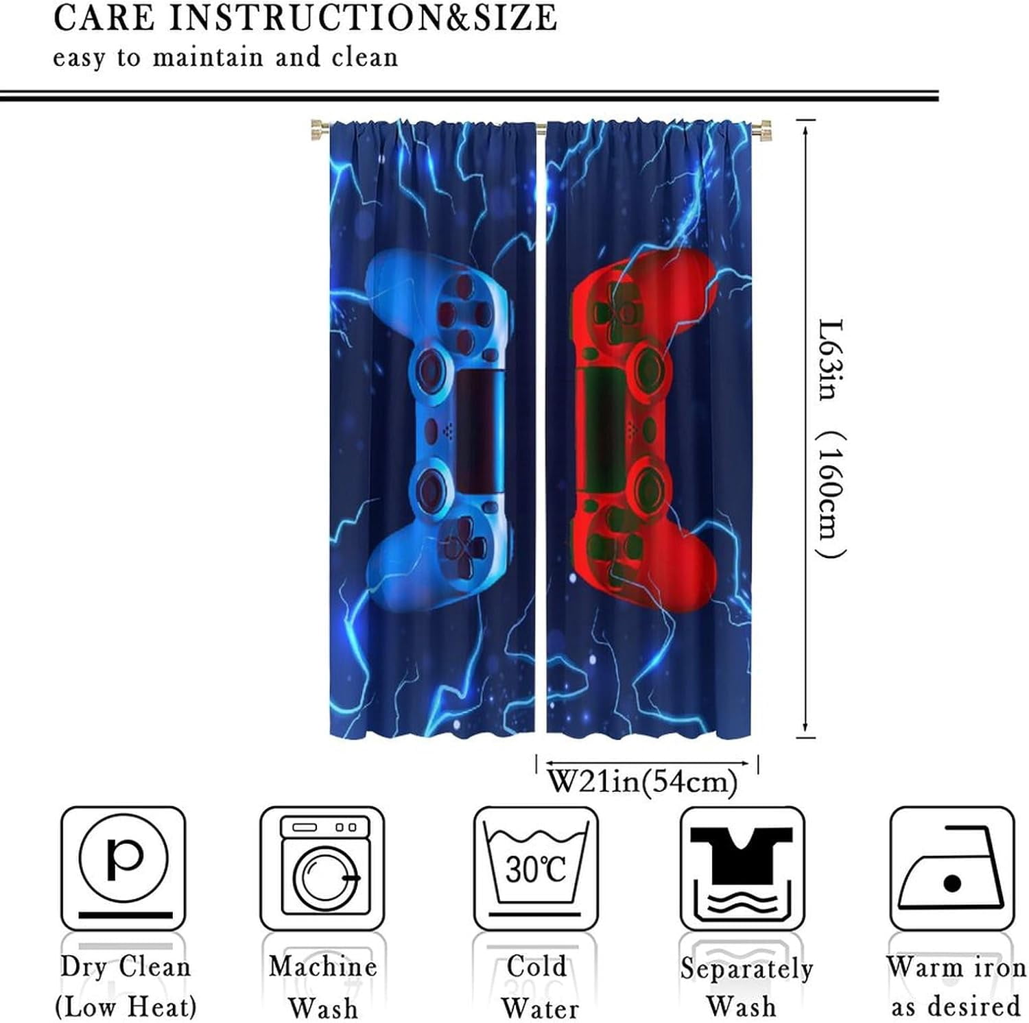 Modern Gamer Curtains, Video Games Window Curtains for Boys Bedroom 3D Red Blue Gamepad with Lightning Window Treatments for Kids Gamer Room Living Room, （W21xL63 Inch） x2 Panels
