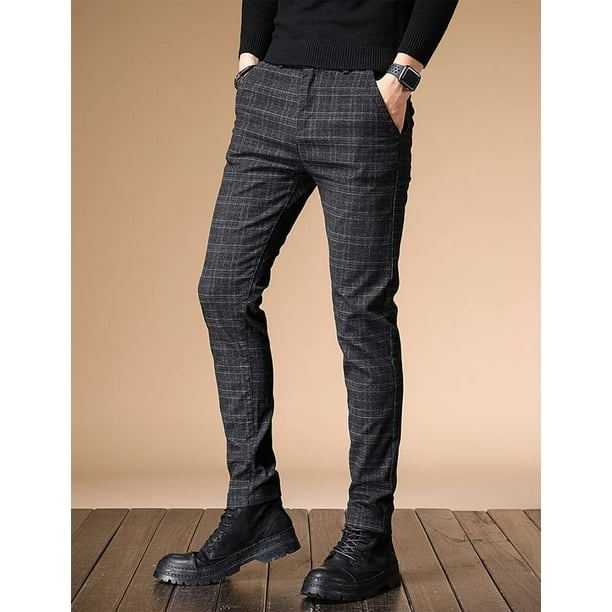 Pantalones a cuadros para hombre estilo casual elasticos ajustados pantalones chinos Negro 36 Negro 36 Xishao ropa Bodega Aurrera en linea