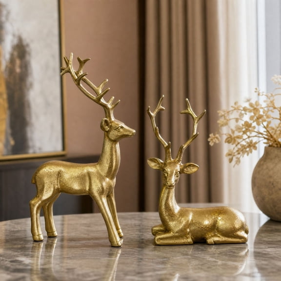 Christmas Resin Reindeer Figurines Set of 2, Gold Standing and Lying Deer Statues Tabletop Ornaments for Mantel Shelf Home Decor
