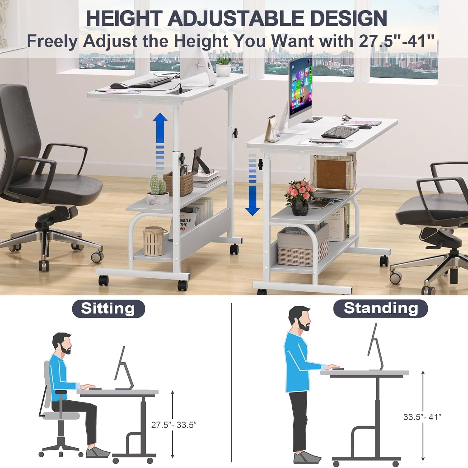 Homieasy Height Adjustable Standing Desk with Power Outlet & USB Ports, Max Height 41'', Small Mobile Computer Desk with Storage Shelves & Hooks, Portable Laptop Table for Home & Office, White