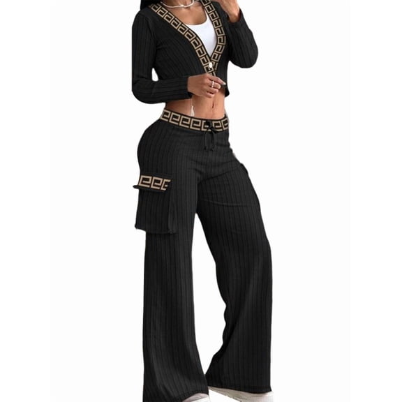 Women'S 2 Piece Casual Outfits Cropped Blazer Jackets High Waisted Wide Leg Work Pants Suit Set Black S