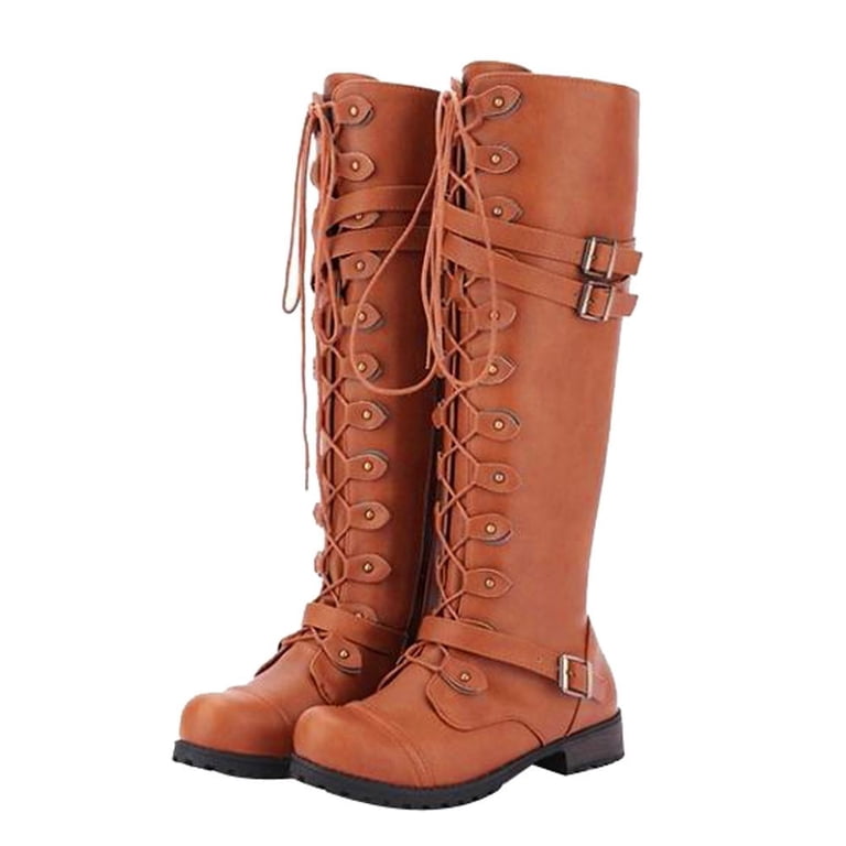 Dakaela Women's Knee High Combat Boots Lace up Buckle Platform