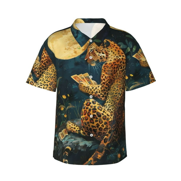 Balery Leopard Reading Tarot Cards Camisas hawaianas de manga corta para hombre, camisas playeras de corte holgado, camisas de vacaciones con botones,3X-Large