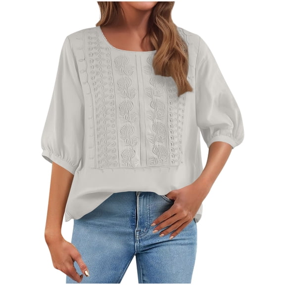 Ichuanyi Womens Summer Embroidered V Neck T Shirts Casual Short Sleeve Breathable Faux Cotton Linen Tops Loose Fit Basic Tees