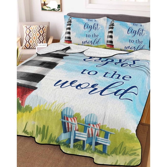 Lighthouse Queen Size Down Alternative Comforter, Lightweight Comforter Quilt Bedding Set with Pillow Shams Ocean Beach Abstract Summer Oil Painting All Seasons Bed Comforter Duvet Insert 90"x96"