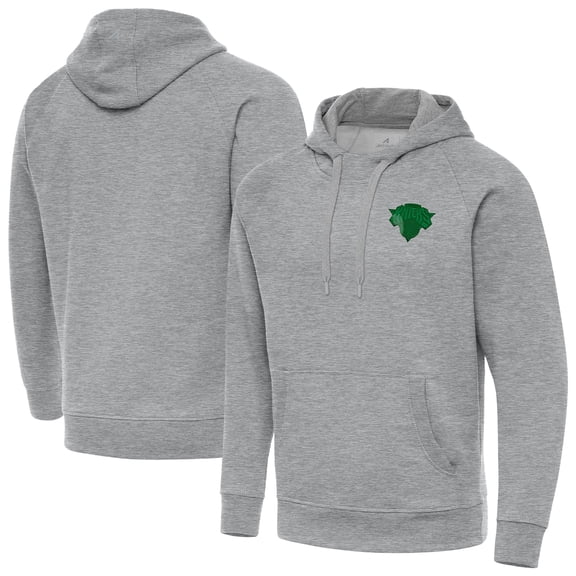 Men's Antigua Heather Gray New York Knicks St. Patrick's Day Victory Raglan Pullover Hoodie