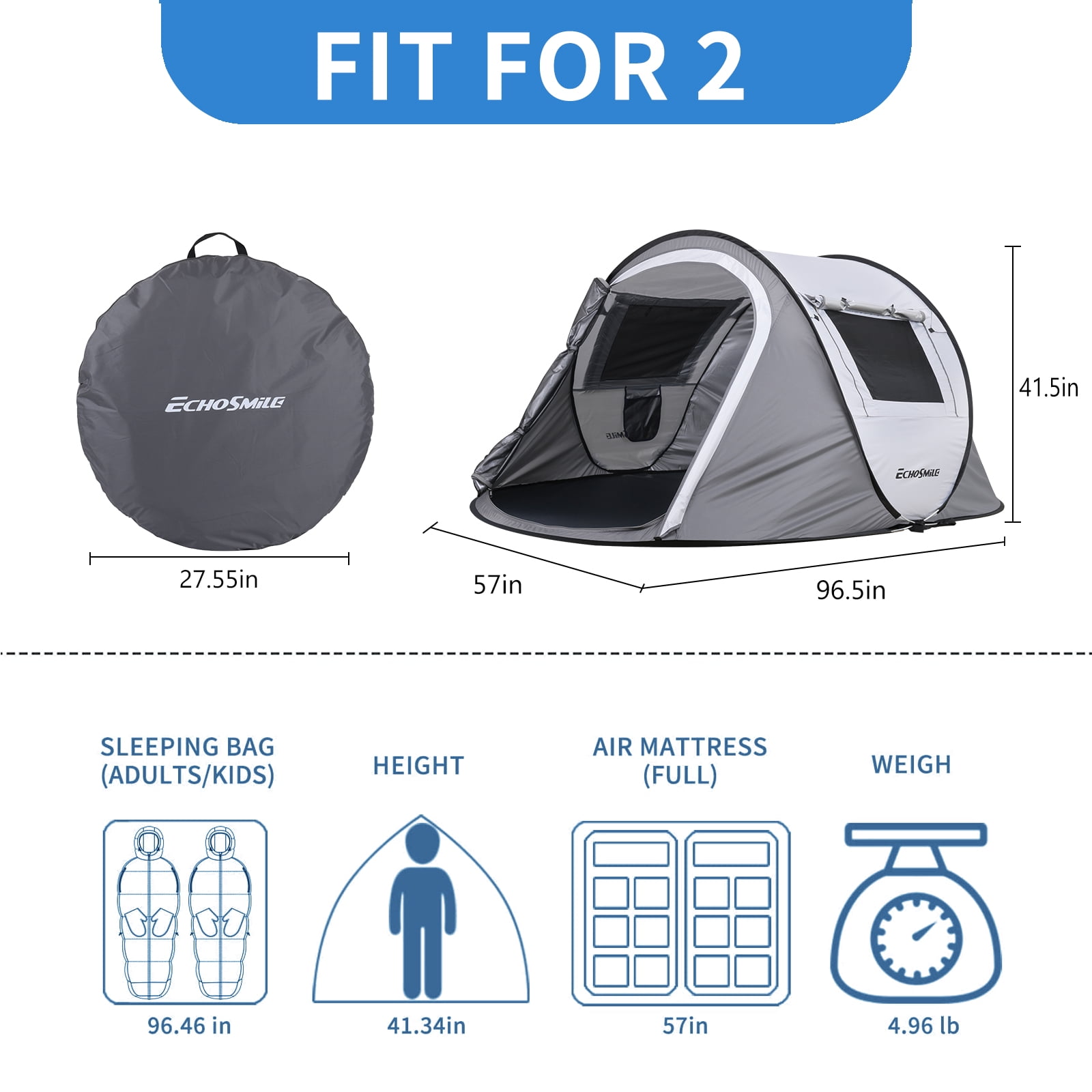 E-Western 2 Person Pop Up Camping Tent - Water Resistant, Quick Setup, Light & Spacious Family Tent for Outdoor Camping and Travel