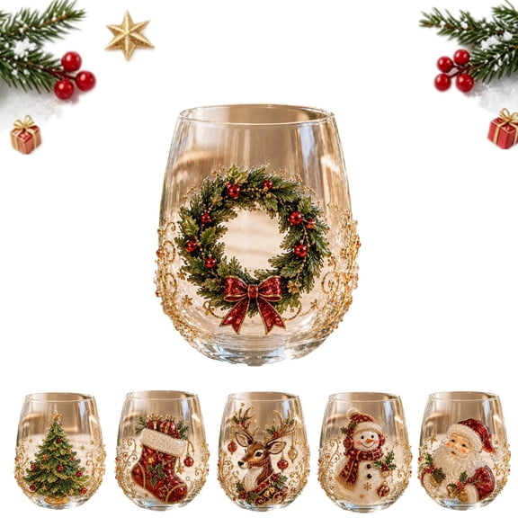 3D Christmas Glass Art Cup, Santa Decorations Glassware Drinking Glass, Snowman Stemless Wine Glasses Holiday Glassware for Coffee, Tea, Juice, Milk, Xmas Party Home Festive Decor Gifts
