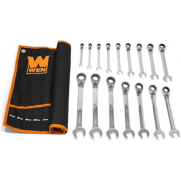 WEN 16-Piece Professional-Grade Reversible Ratcheting Metric Combination Wrench Set with Storage Pouch