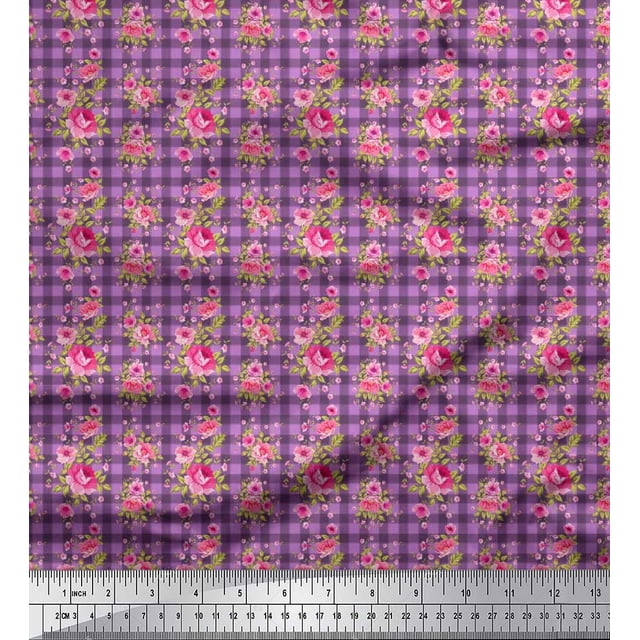 Soimoi Velvet Fabric Check,Leaves & Peony Floral Decor Fabric Printed Yard 58 Inch Wide
