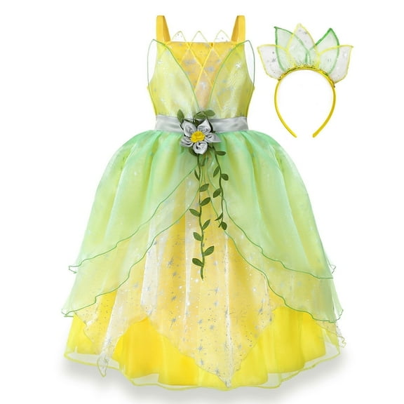 AoDai Deluxe Princess Tiana Costumes Little Girls Dress Kids Fancy Gown Cosplay Halloween Party