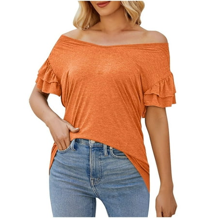 USSUMA Tops for Women Trendy Women s Solid Color Crew Neck Short-sleeved Top With Bra Pad Cup Home Clothes Short-sleeved Pajamas Casual Festive Fashion Orange Polyester S