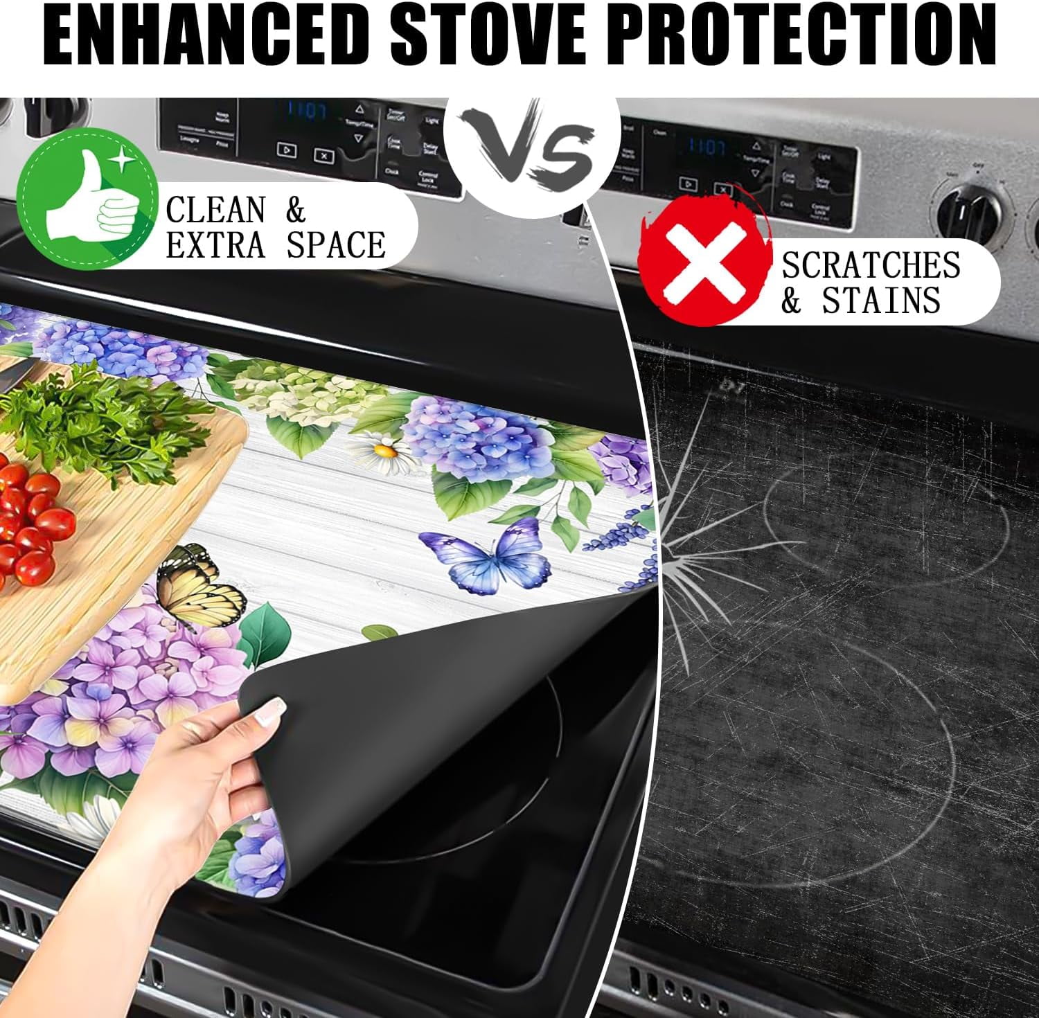 Spring Hydrangea Stove Top Cover Blue Flowers Gas Stove Top Cover for Home Decoration Kitchen Pad Floral Non-Stick Washable Cooktop Covers Countertop Protector Keep Stove Clean White