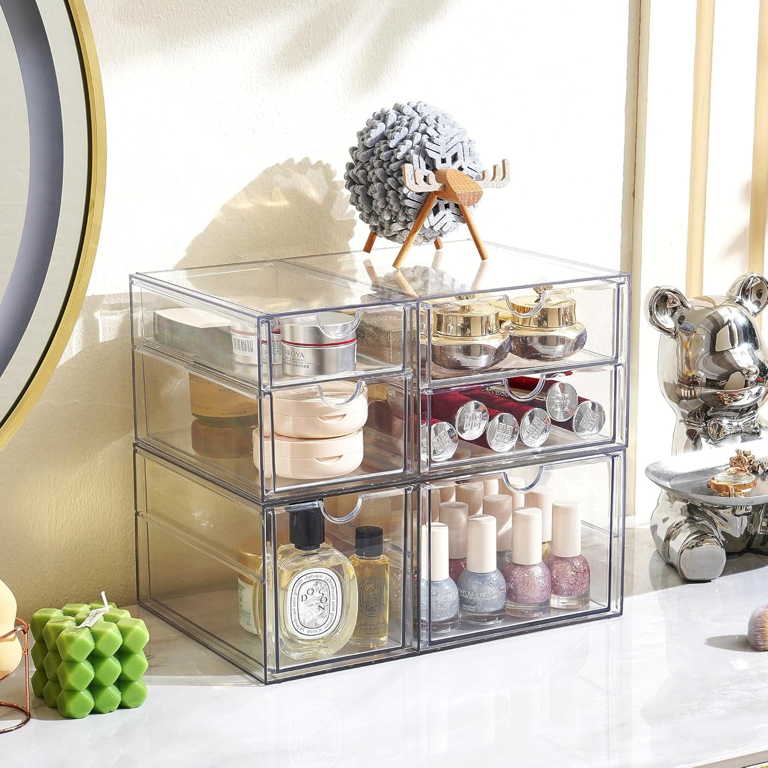Acrylic Drawer Makeup Organizer with 6 Drawers (Not for Baby Bottle), Set of 2 Office Desk Organizers Accessories, Clear Stackable Storage Vanity, Craft (Largest 4" Tall)