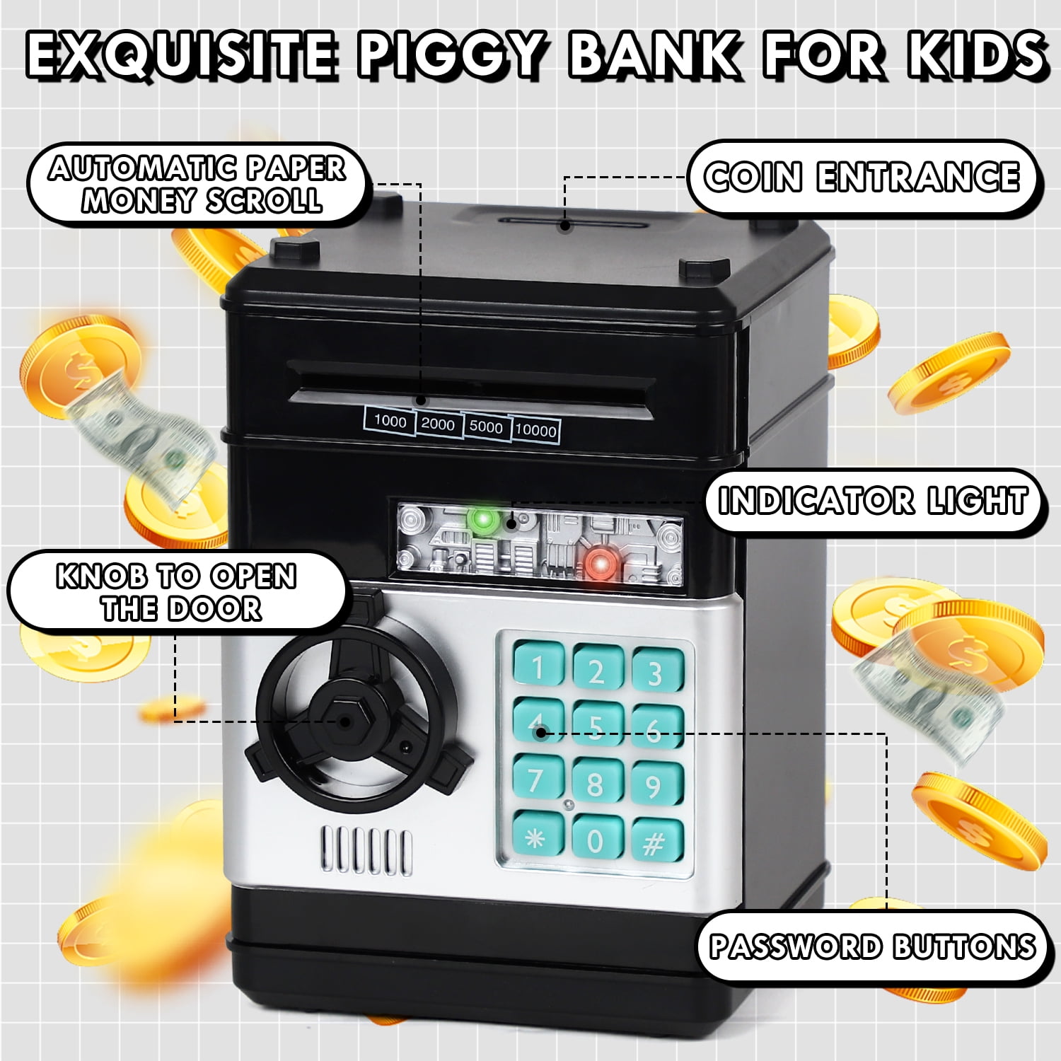 Piggy Bank for Kids Girls Boys, Large Electronic Money Saving Box with Password Protection, Automatic Paper Money Scroll - Black