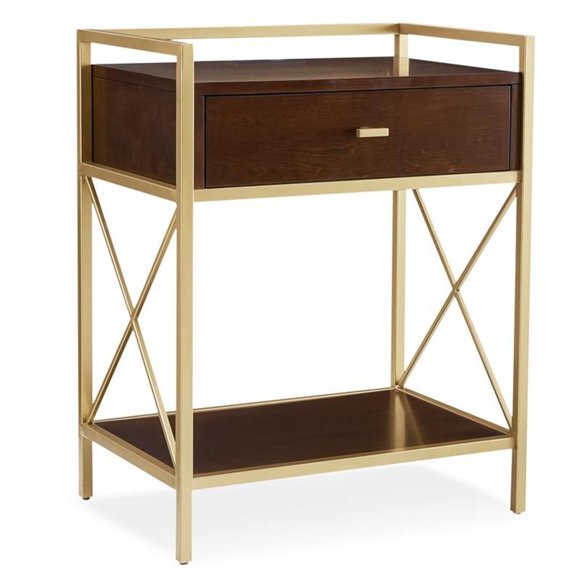 Bowery Hill Table de Nuit Contemporaine en Bois avec Chargement CA/USB sur le Dessus, Brun