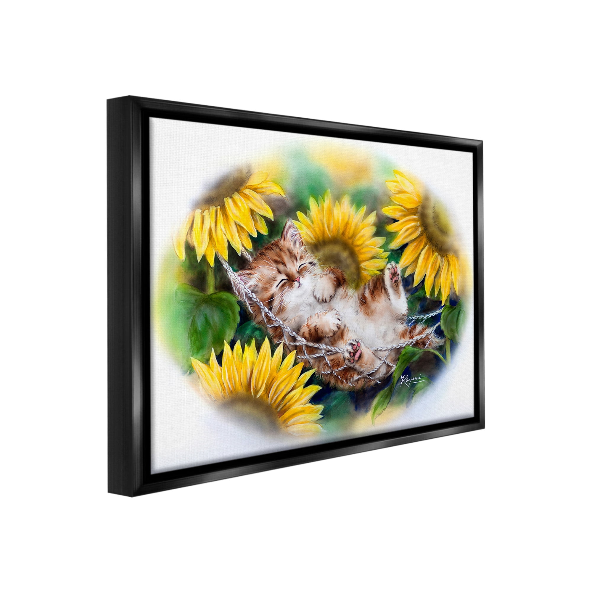 Stupell Industries Kitten Asleep with Sunflowers Animals & Insects Painting Black Floater Framed Canvas Art Print Wall Art, 31 x 25