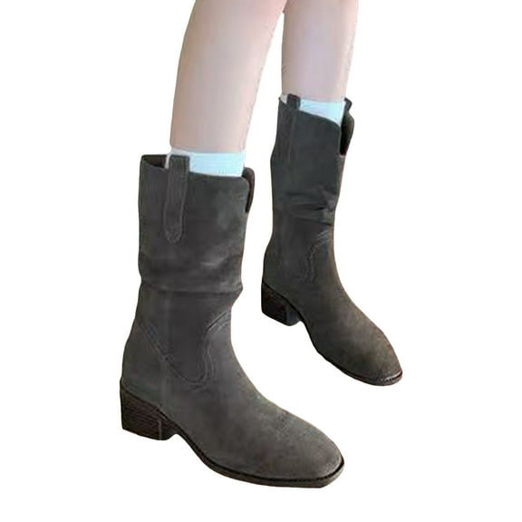 Slouchy Cowboy Boots for Women Suede Stacked Heel Split Toe Pull on Mid Calf Booties Casual Western Cowgirl Fall Boots