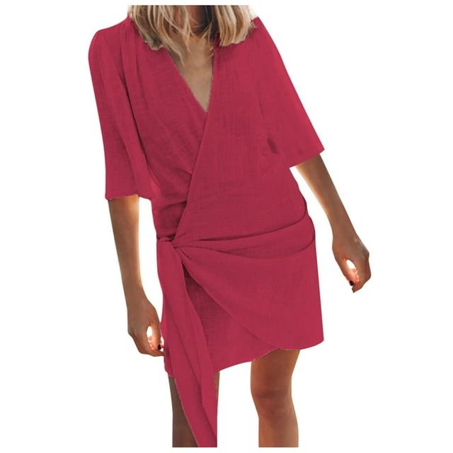 Vestido mediano de manga corta con cuello en V de lino para mujer: color liso, cómodo, se ajusta a la talla, para la playa o para llevar por la calle; tallas S-XXXL