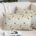 thumbnail image 2 of Green Floral Throw Pillow Covers, Spring Flowers Botanical Gray and White Plaid Soft Breathable Pillow Cases with Invisible Zipper, Queen Size Pillowcases for Couch Bed Sofa Chair 20x30 Inches, 2 of 9