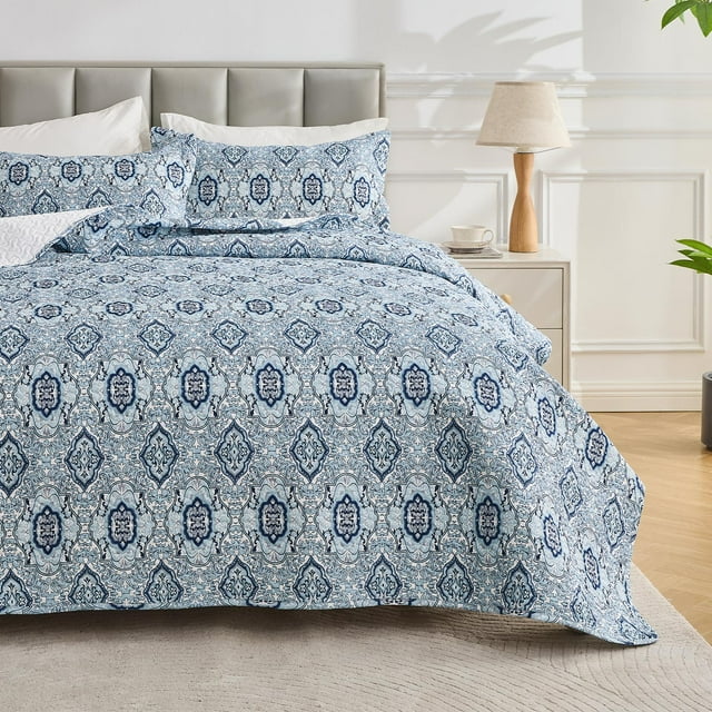 Hitime Luxury Printed Quilt Set Twin Size, Lightweight Comforter Set, Oversized Bedspread Coverlet Quilted Bedding Set, with 2 Matching Pillowcases, for All Season