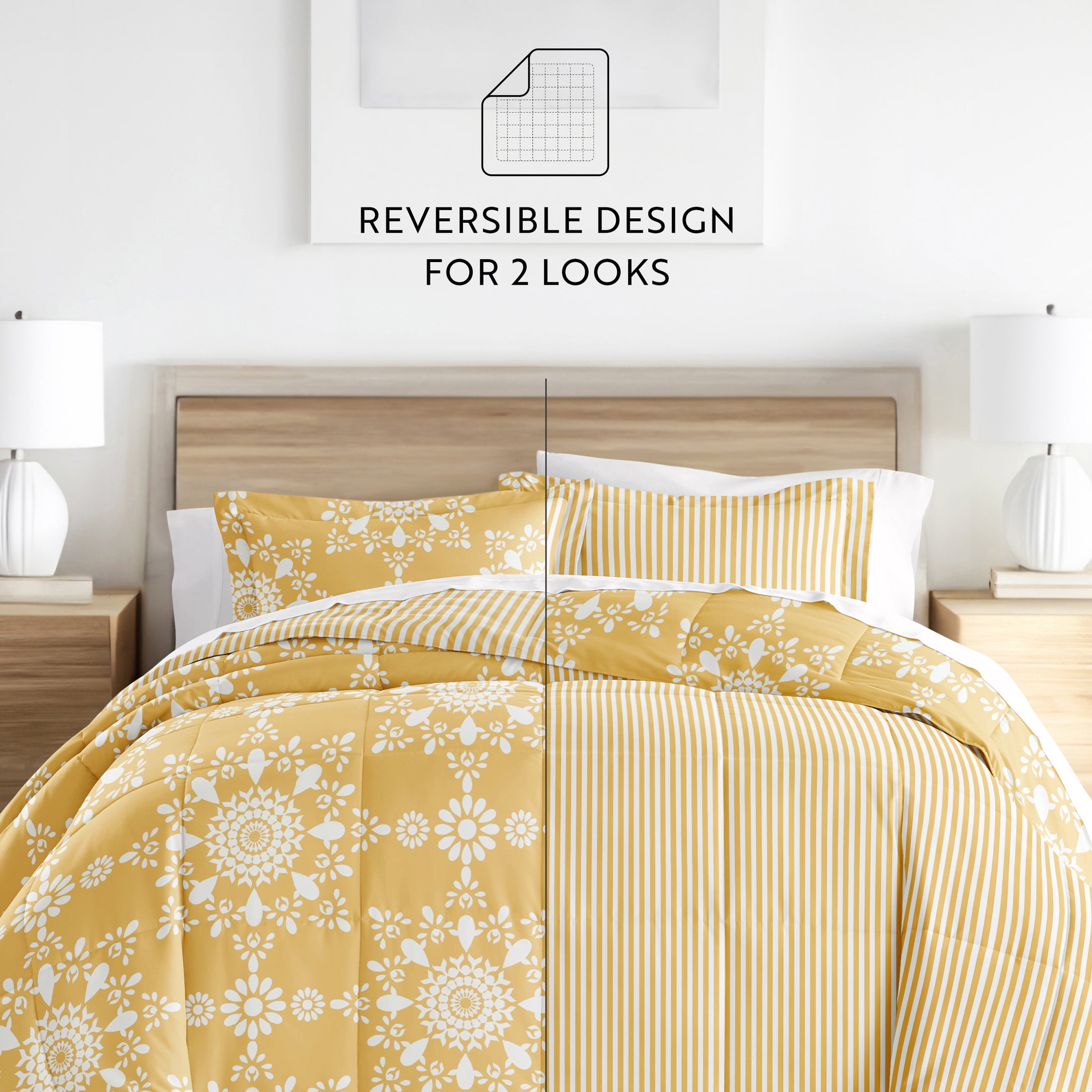 Noble Linens 2-Piece Yellow Daisy Medallion Reversible Print Comforter Set, Twin/TwinXL