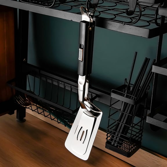 2-In-1 Stainless Steel Multifunctional Spatula Tong - Heavy-Duty Flipping Fish Steak Clip, Heat-Resistant Kitchen Tool for Grilling, Frying, Cooking, Turning Food, 2.56*11.42in, Black